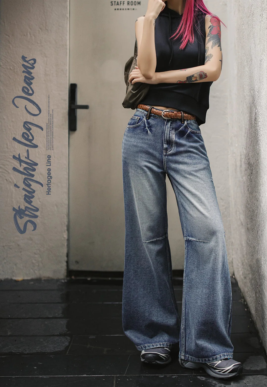 Maden Women's Vintage Low Waist Denim Jeans Heavyweight Washed Casual Long Pants with YKK Zipper for Spring and Autumn