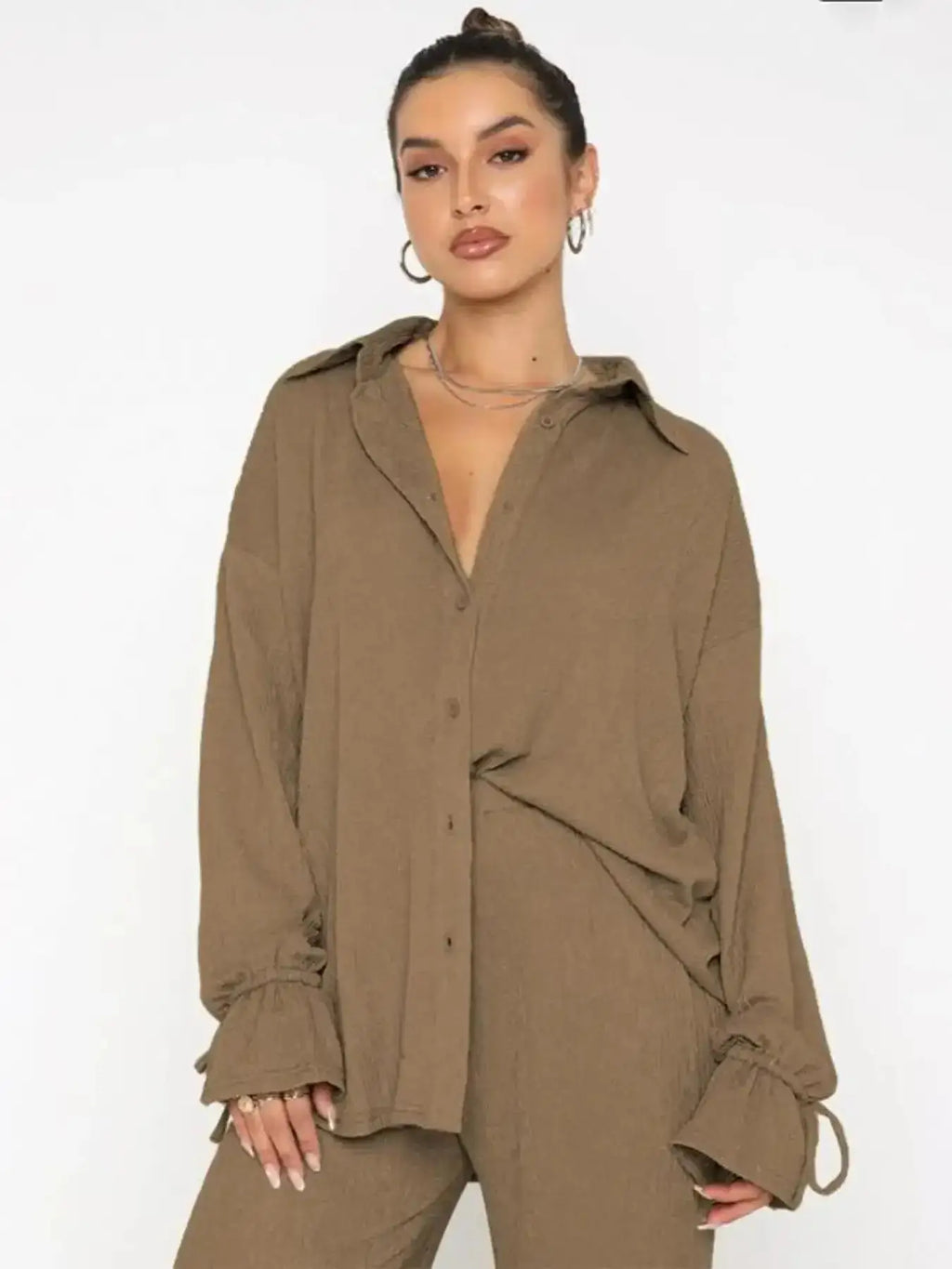 2026 SPRING SUMMER WOMEN'S SOLID COLOR TWO-PIECE SET, RUFFLE SLEEVE SHIRT MATCHED WITH SLIT PANTS, COMFY OUTFIT FOR DAILY CASUAL