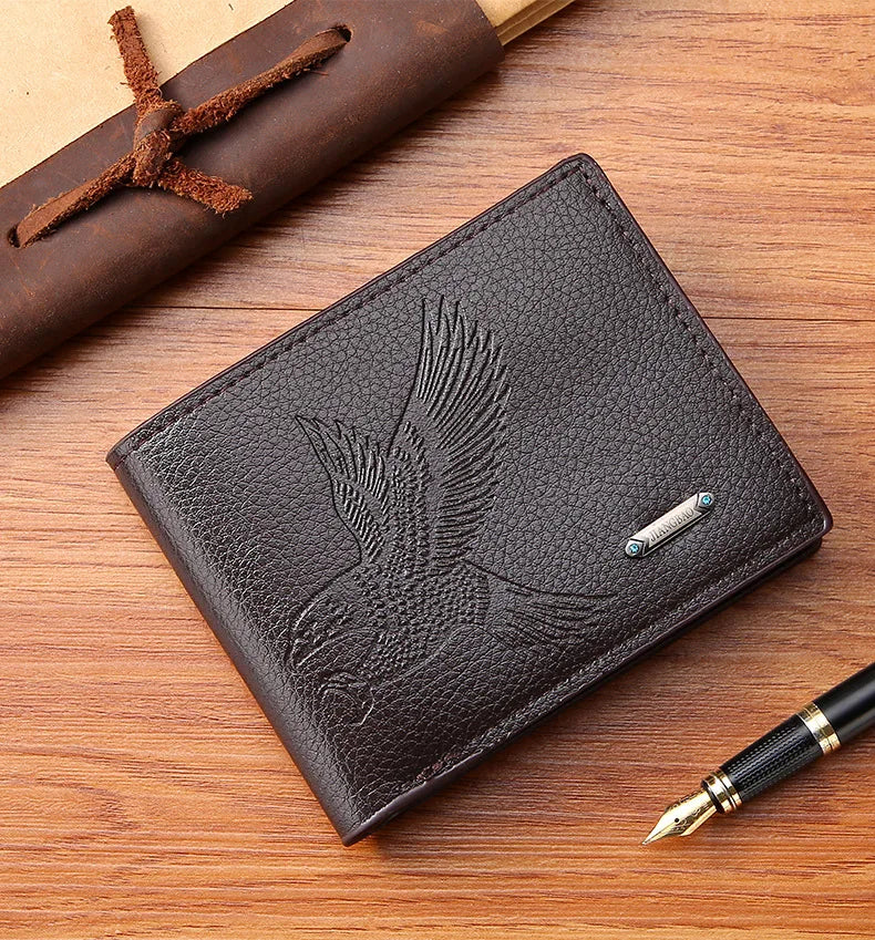 Classic Men's Leather Wallets Slim Minimalist Hawk Pattern Bifold Credit ID Card Holder Wallet Purse Short Thin Money Clip