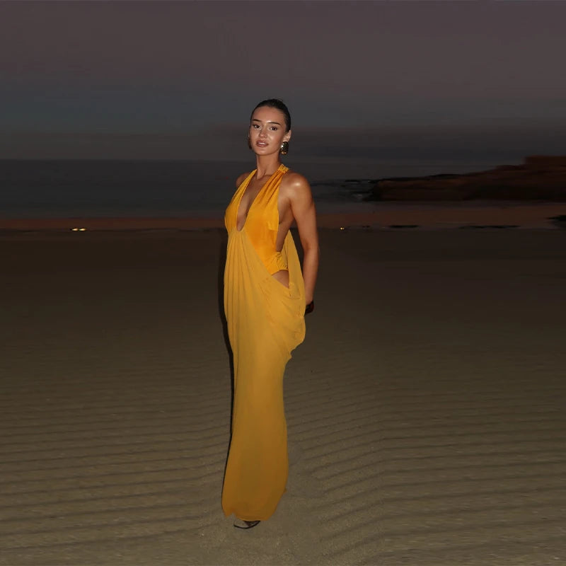 Chic Bohemian Yellow Dress Draped Chiffon Vintage Women Dresses Party Summer Vacation Beach Trendy Streetwear