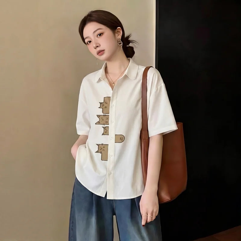 Khaki Short Sleeve Shirt Women's Shoulder Length Cover Belly Summer New Style plus Size Fat MM Age Reduction Top Commute Style