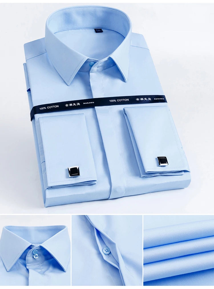 Men's 100% Cotton Iron-Free French Cuff Shirt Front Hidden Buttons Removable Collar Stays Formal Business Long Sleeve Shirts