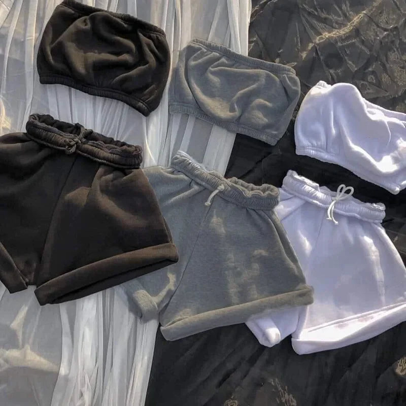 Thin Summer New Solid Color Lace Up Tracksuits Women Sleeveless Backless Tube And Shorts Two Piece Sets Casual 2pcs Outfits
