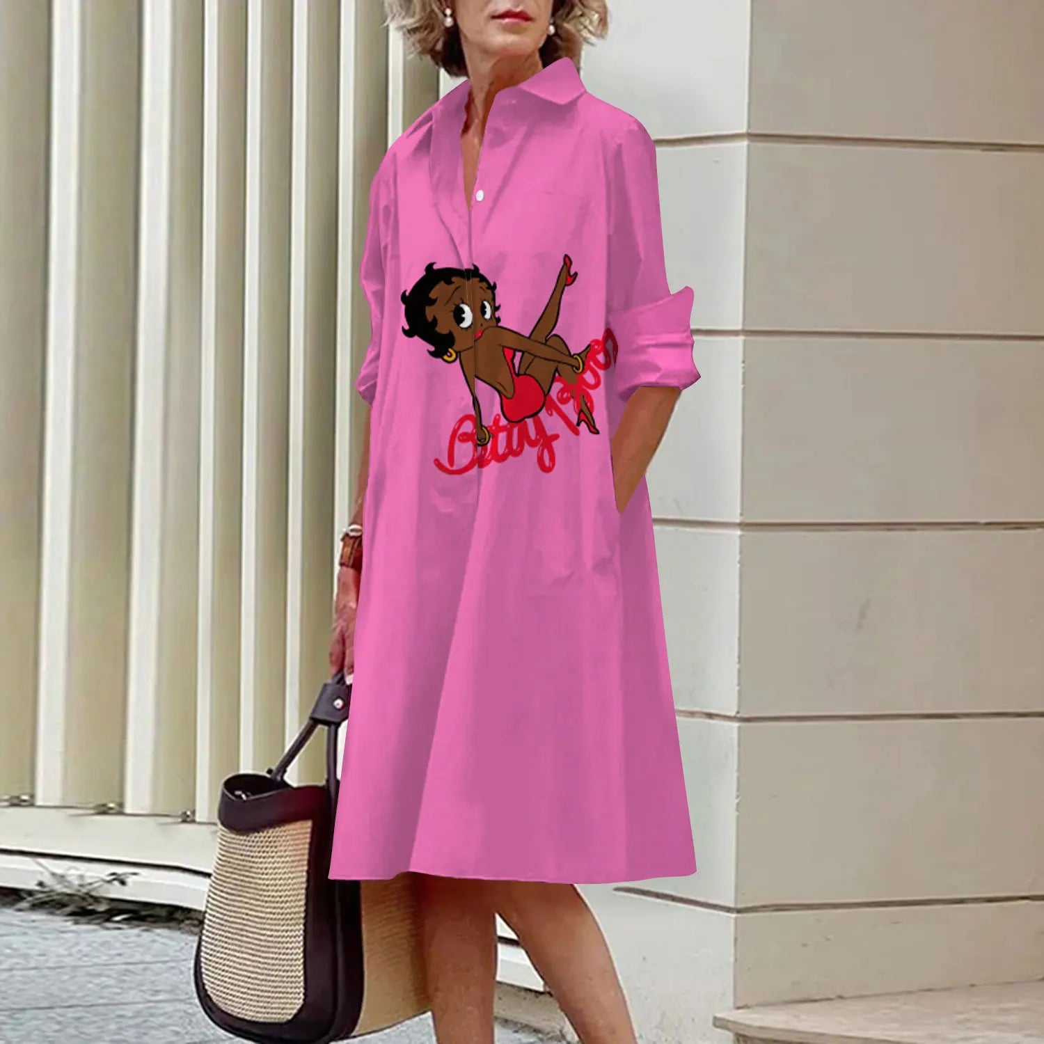 MCDV New Simple Women's Shirt Casual Queen Printed Long Sleeve Fashion Elegant Lapel Pocket Street Women's Dresses Noble Black