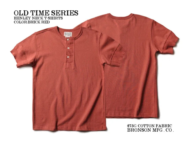 Bronson Vintage Short Sleeve Henley T-Shirt Retro Style Mens Cotton Tee Shirt