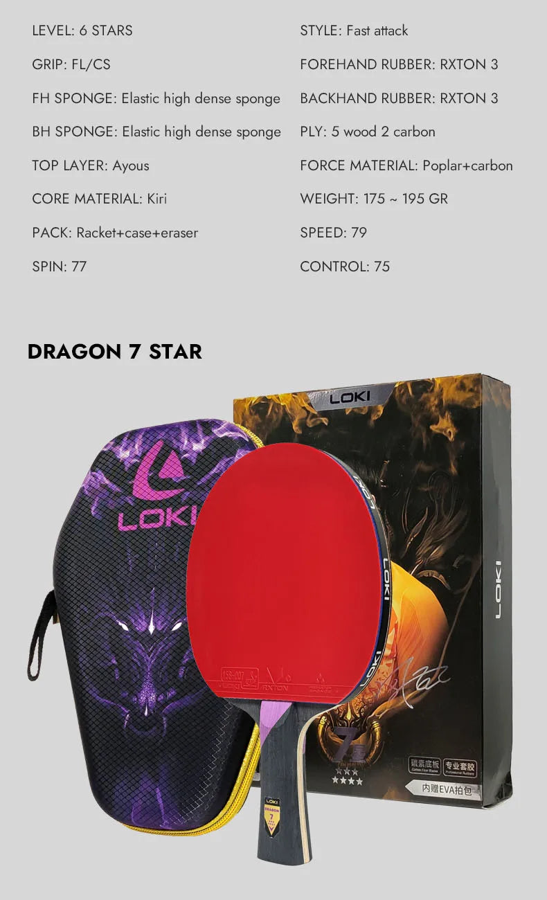 Original LOKI Table Tennis Racket Dragon Series Ping Pong Racket Paddle Bat Professional 6/7/8/9/10 Stars for All Level Players