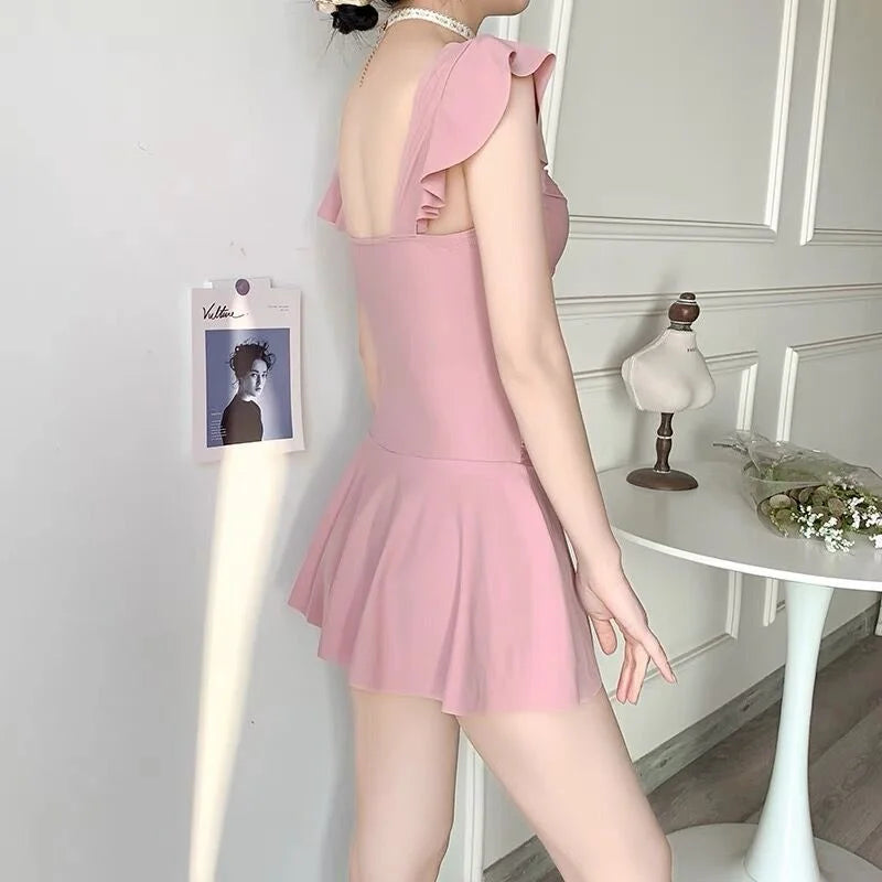 Retro Pink One-Piece Swimsuit for Girls Thermal Spring Women High-End Sensation Swimwear Steel Ring Gathered Conservative Pur...