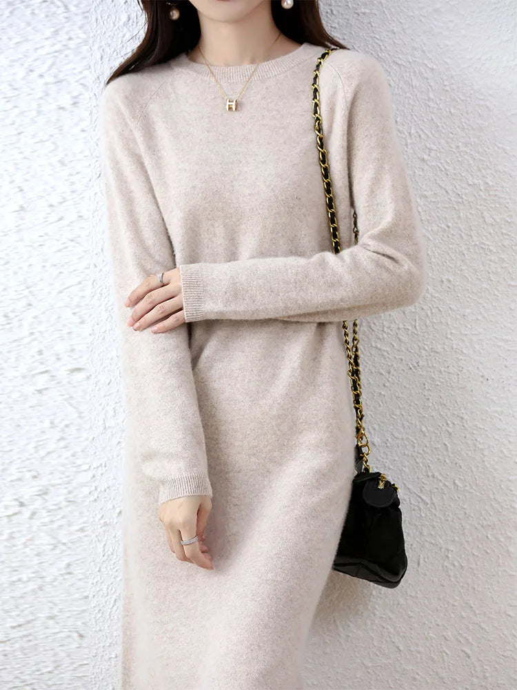 Cashmere Sweater Knitted Dresses 100% Merino Wool Women's Winter Female Elegant Pullovers Dress Autumn Casual Long Sleeve Skirts