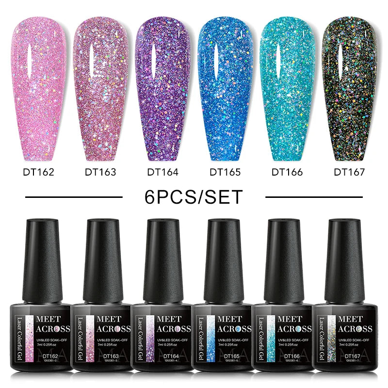 MEET ACROSS 6/8Pcs Set Glitter Gel Nail Polish Autumn Winter Nail Art Varnishes Semi Permanent Soak Off UV Gel Kit Nails Lacquer