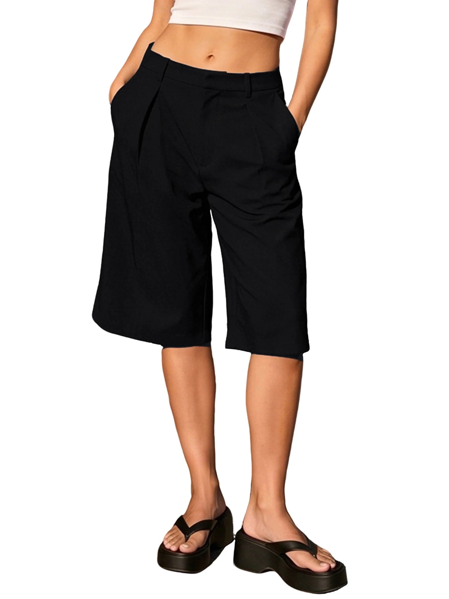 2026 New Women's Summer Casual Solid Color Knee Length Shorts with Pockets Ladies Bermuda Shorts Sexy Low-Rise Wide-Leg Trousers