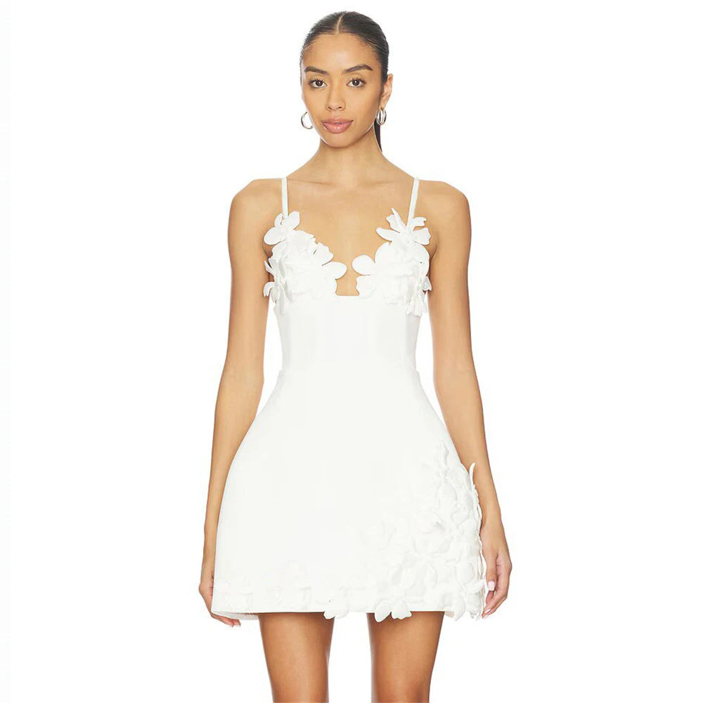 Women Simple 3D Floral Appliques Spaghetti Strap Bandage Dresses Deep V-Neck Backless Club Party Mini Dress