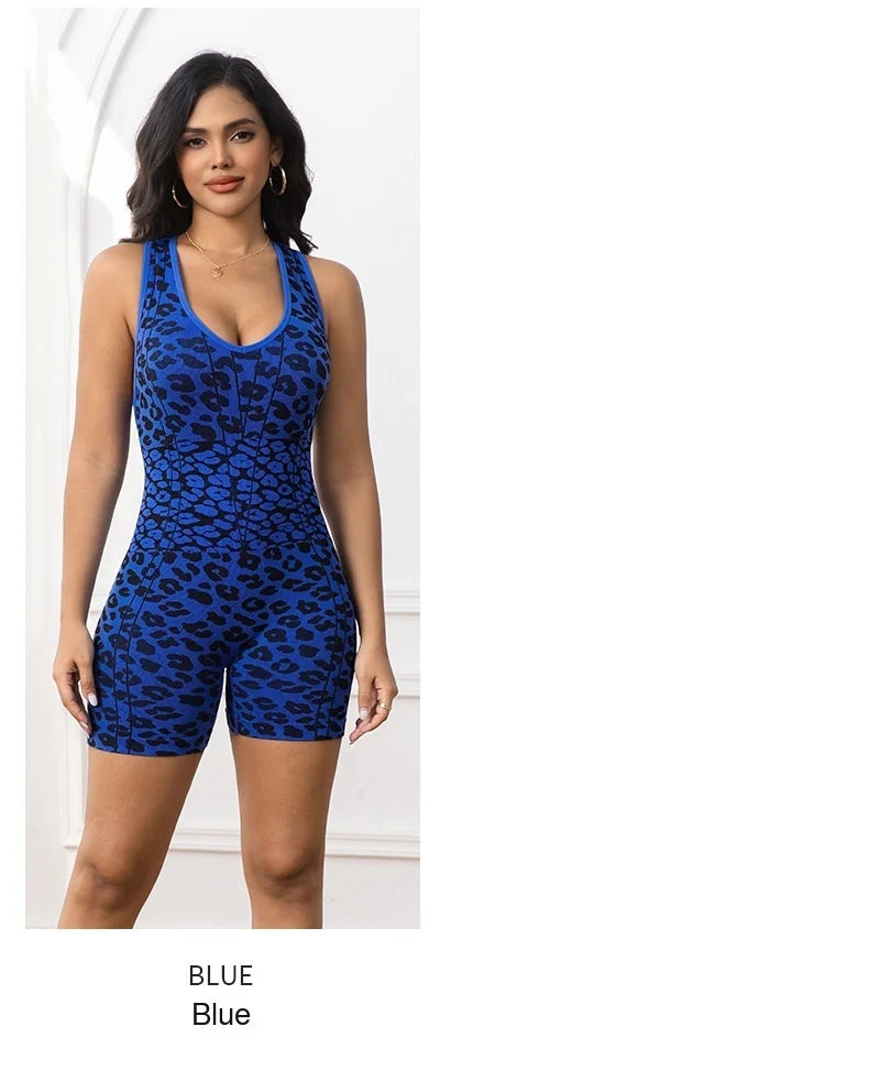 Women Seamless Leopard Print Yoga Jumpsuit Crisscross Back High Stretch Hip Lift Tummy Control Breathable Workout Romper Shorts