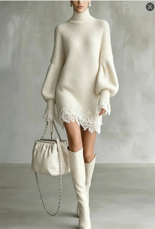Wome Knitting Dress 2026 New Ladies Loose Fit Turtleneck Knitted Dress Autumn Lace Spliced Long Sleeve Sweater Midi Warm Dress