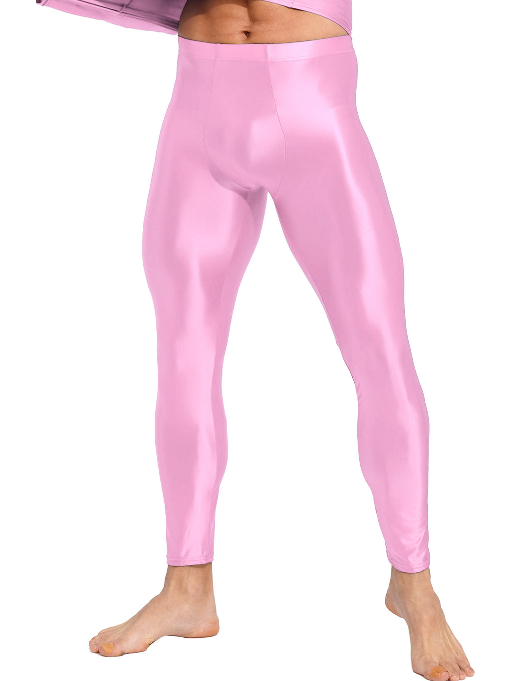 Men Elastic Waistband Skinny Shiny Yoga Tights Pants Solid Color Leggings Exercise Running Gym Fitness Training Sportswear