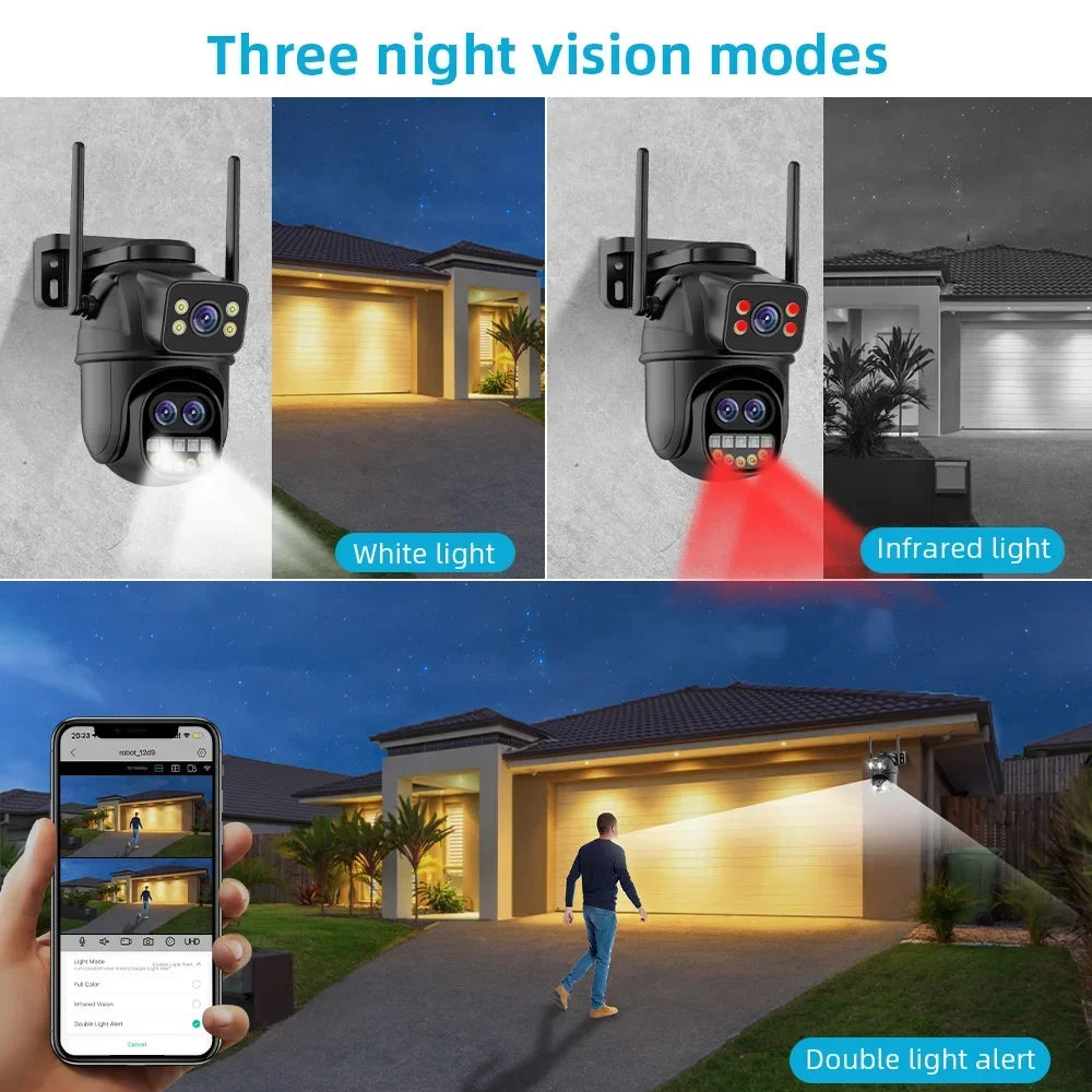 6K 12MP ICSEE Wifi Security Camera 3 Lens Dual Screen 8X Zoom Outdoor Waterproof Auto Tracking Human Detect Surveillance Camera