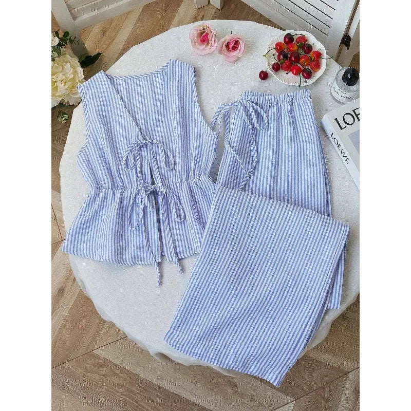 FOTVOTEE 2 Piece Sets Womens Outfits Striped V Neck Lace Up Sleeveless Blouse High Waist Wide Leg Pants Suits Casual Tracksuits