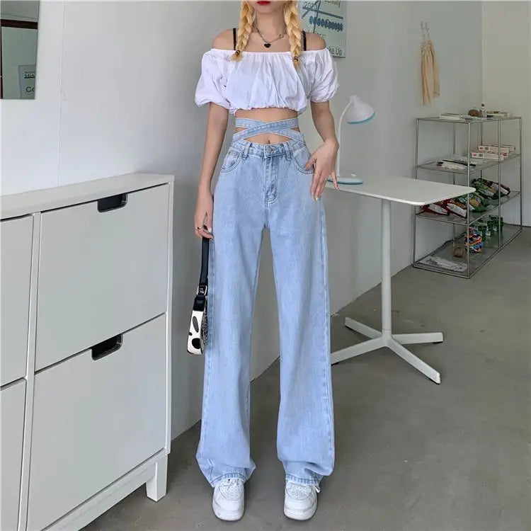 Women's High Waist Baggy Jeans Korean Trendy Loose Wide Leg Denim Pants With Ankle Ties Flowy Floor Length Streetwear