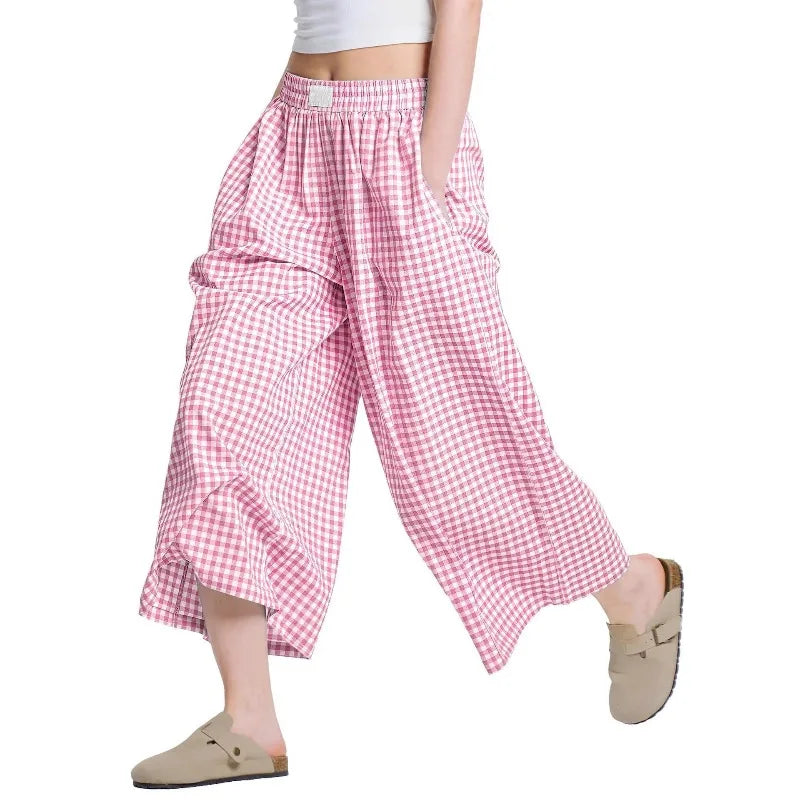 Women's Casual Plaid Wide Leg Pants Summer New Loose Slimming Lazy Long Trousers Comfortable Loose Fit High Waist Pants 2025