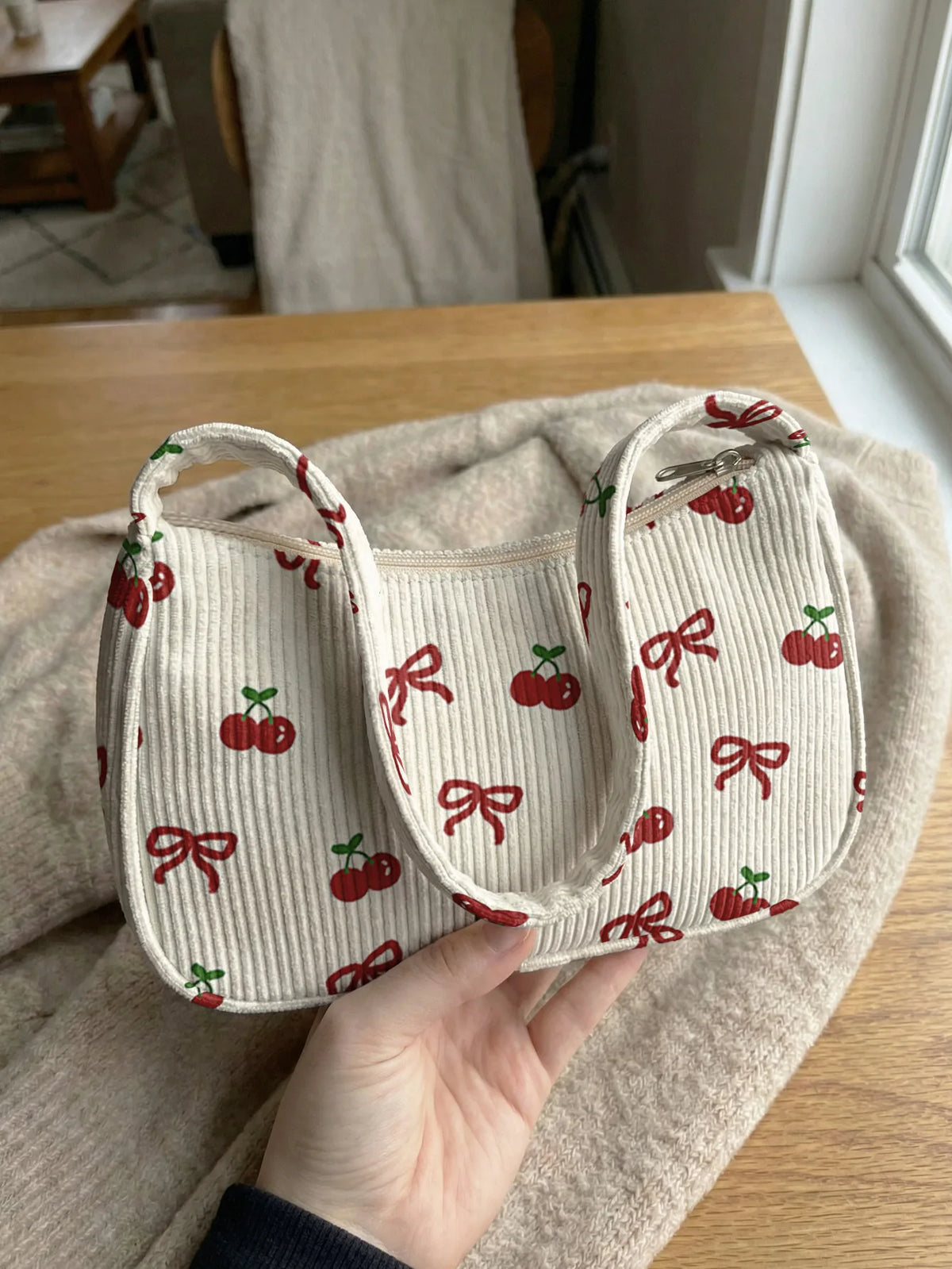 Trendy Cherry & Bow Print Shoulder Bag, Beige Corduroy Underarm Bag for Daily Casual Use