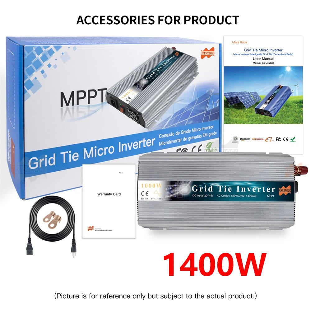 1000-1400W Grid Tie Micro Solar Inverter 20-50VDC to 90-140VAC 190-260VAC MPPT Pure Sine Wave Converter For Solar Power System
