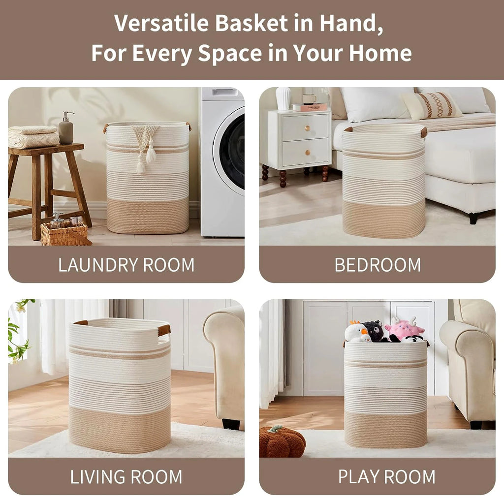 Laundry Basket, Blanket Basket for Bedroom Aesthetic, Laundry Hamper & Blanket Storage for Living Room, Woven Storage Basket