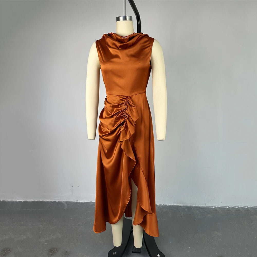 Women’s Elegant Ruched Ruffle Party Dress Solid Sleeveless Slim High Waist Irregular Split Hem Cocktail Party Midi Fashion Dres