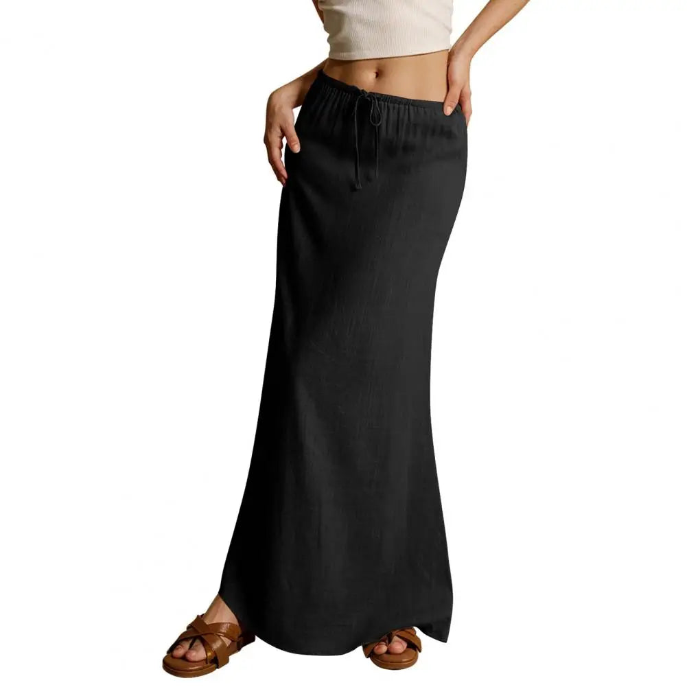 Summer Women Maxi Skirt Mid-rise A-Line Drawstring Solid Color Long Lady Skirt Work Leisure Daily Wear