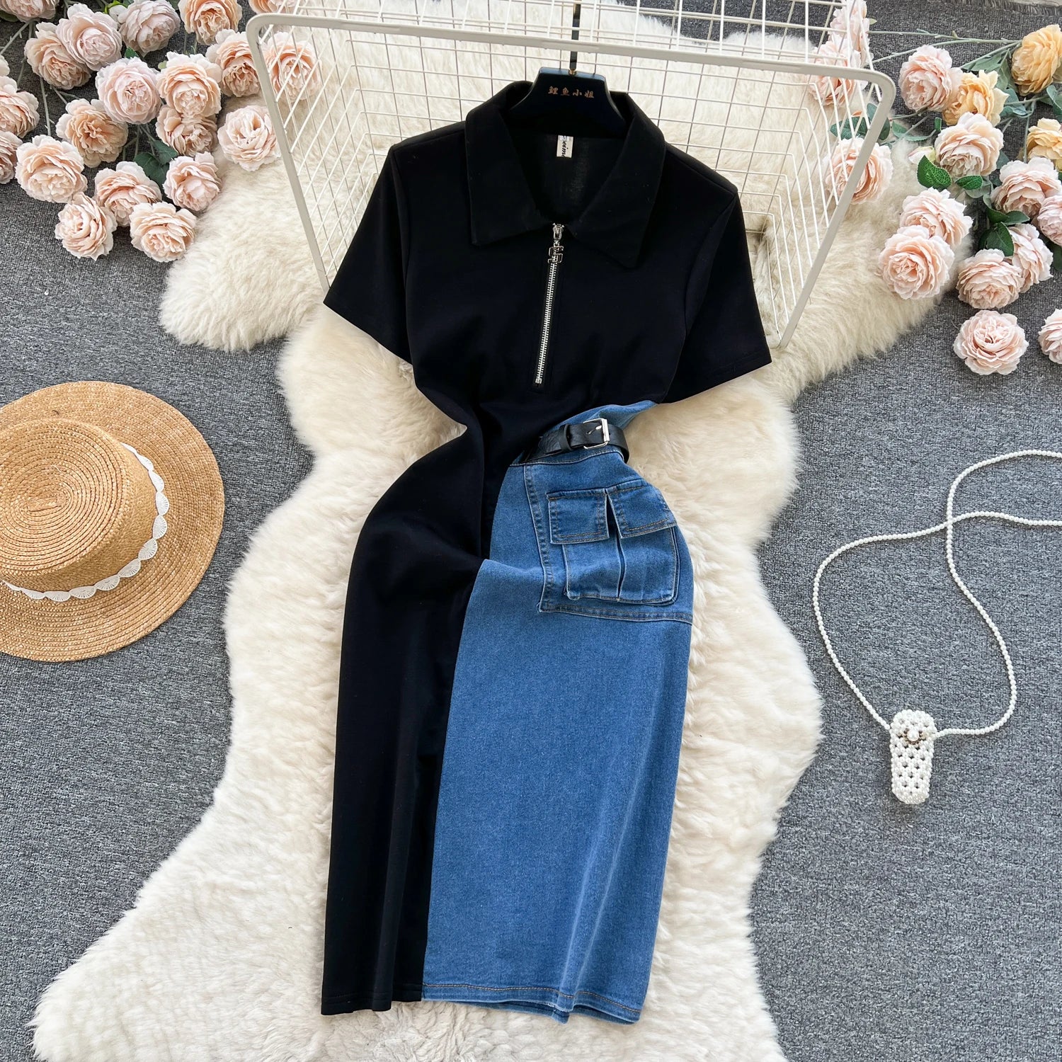 Women Design Contrast Color Splicing Denim Slim Mid-length Short-sleeved Temperament Youth Woman Summer Dress