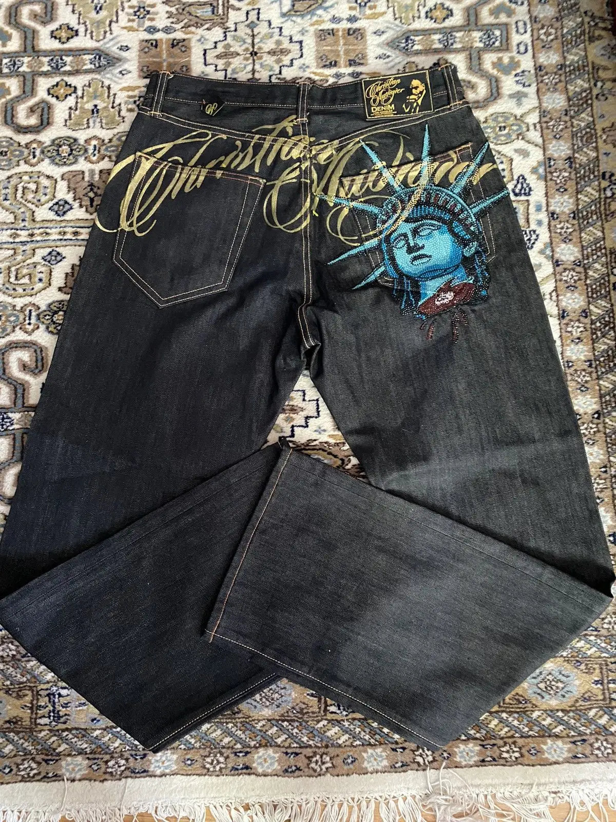 2000s Statue of Liberty Diamonds Denim Pants Women Casual High Waist Straight Wide Leg Jeans Harajuku Vintage Y2k Women Clothing