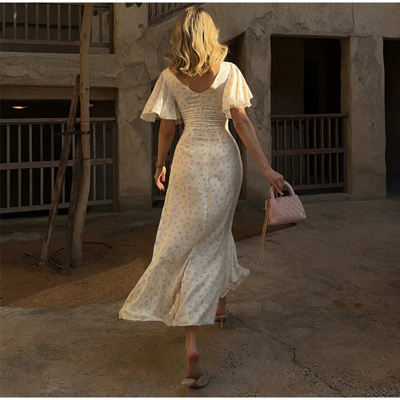 Elegant Women's Printed Lotus Leaf Long Dress Slim High Waist V-neck Short Flared Sleeve Backless Slit Dresses 2026 Summer Robe