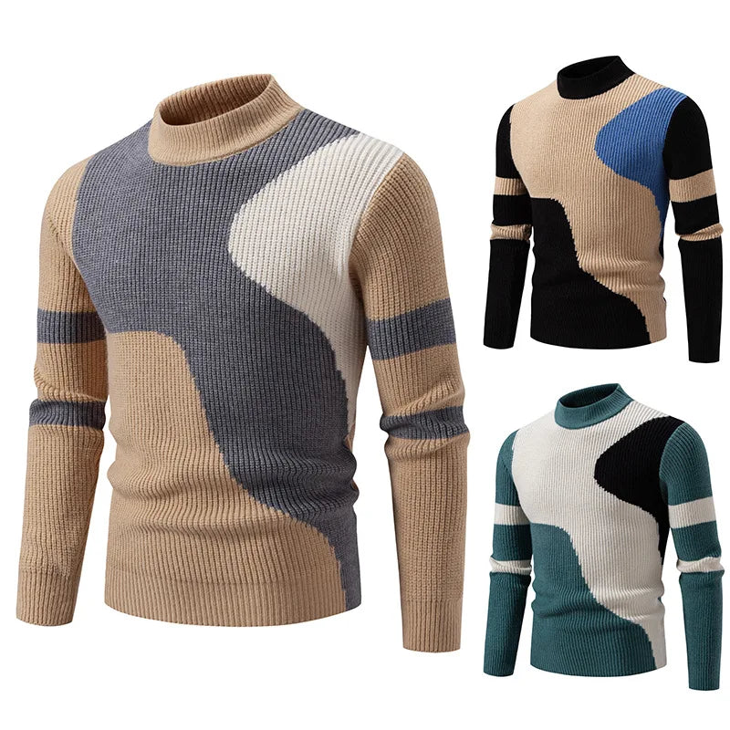 High Quality Men's New Autumn Winter Sweaters Casual Warm Mock Neck Pullovers Trend Color Blocking Design Men Sweaters Knit Tops