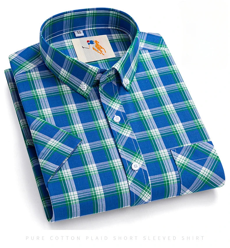 Fashion Korean Plus Size 8XL 100%Cotton Short Sleeve Shirts for Men Slim Fit Formal Plain Shirt Plaid Hawaiian Shirt Casual Top
