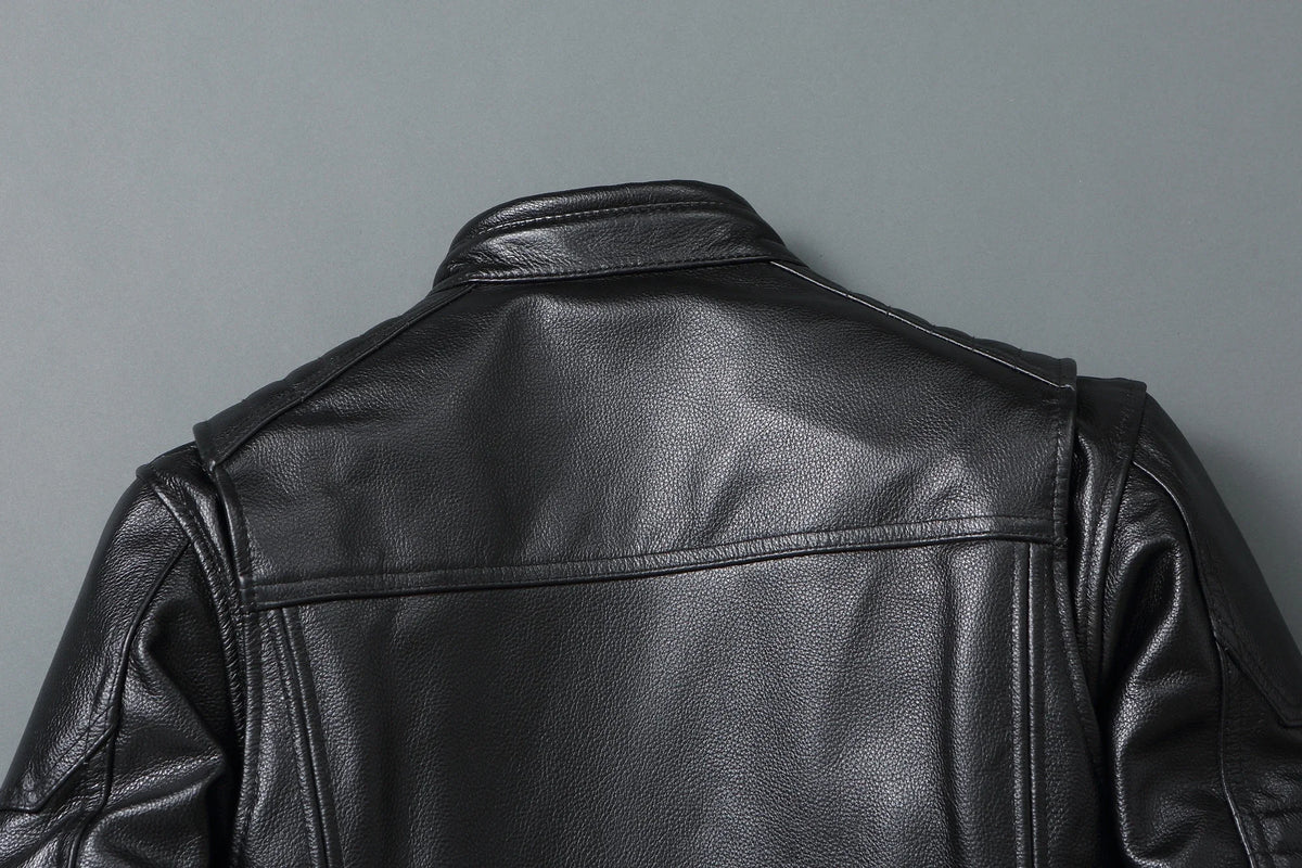 2023 New Motorcycle Causal Vintage Leather Coat Men Autumn Outfit Fashion Biker Pocket Design Top Layer Cow Leather Jacket