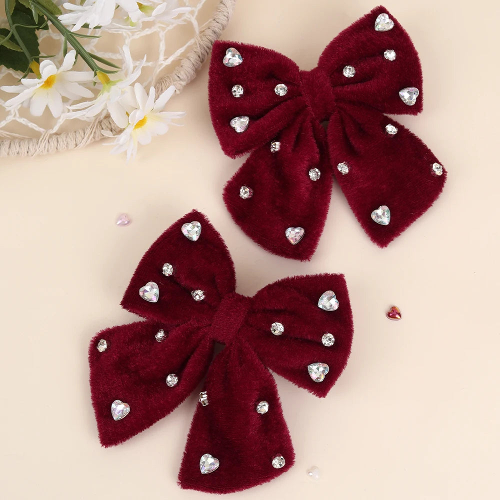 2Pcs Girls Velvet Bow Hair Clips Elegant Heart Shape Rhinestones Hairpins Vintage Burgundy Barrette Fall/Winter Hair Accessories