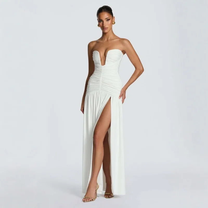 Women Elegant Deep V-neck Pleated Strapless Dress Chic Off-shoulder Backless Split Maxi Dresses 2026 Lady Evening Party Vestidos