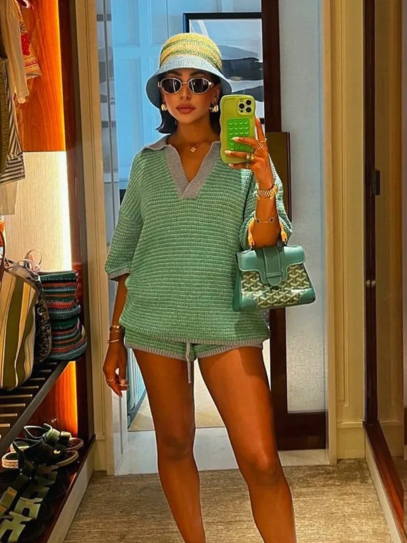 Holiday Retro Shorts Suit Summer New Women V Neck Knitted Tops Casual Lace Up Shorts Korean Fashion 2 Piece Sets Womens Outfits