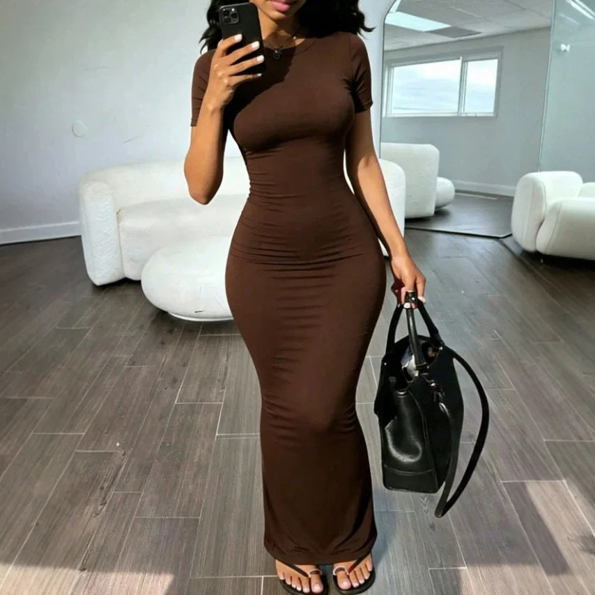 Sexy Skinny Women's Bodycon Party Dress Fashion O-neck Short Sleeve Solid Color Wraped Hip Package Long Dress Female Sexy Dress