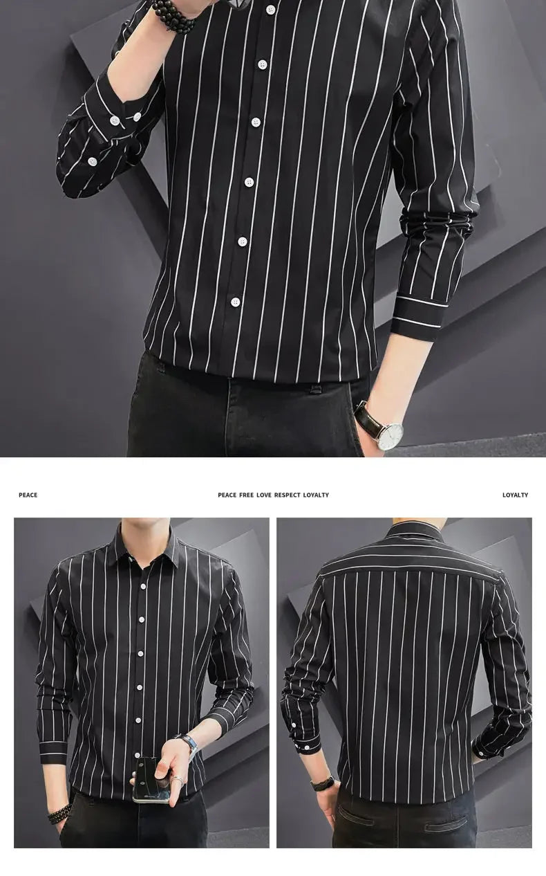 Stylish Men's Striped Shirt Printed Casual Business Dress Shirts Long Sleeve All-Match Slim Fit Fashion Korean Streetwear Shirts