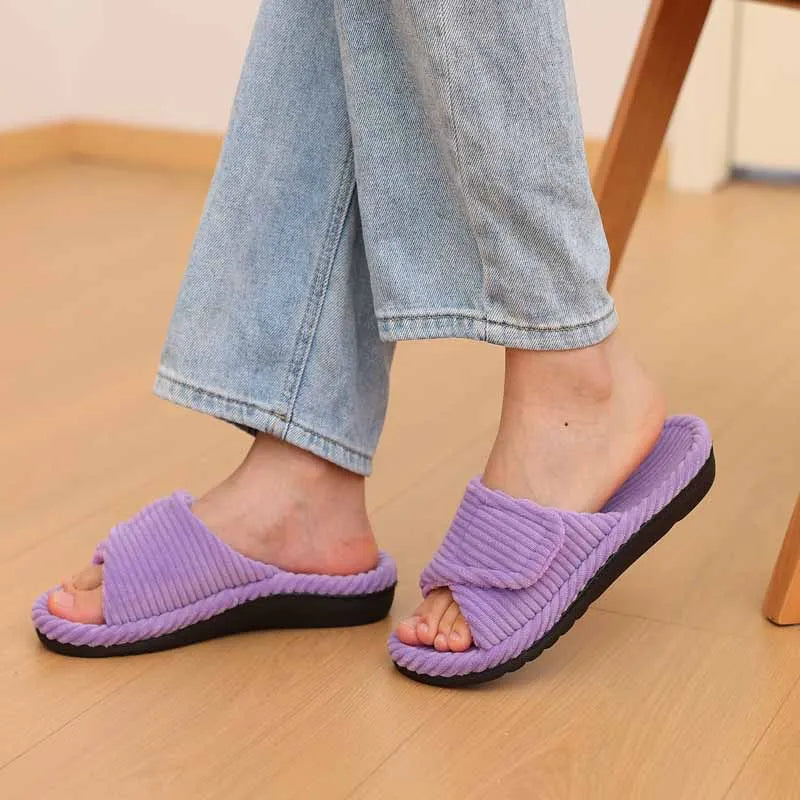Comwarm Orthopedic House Slippers For Women Adjustable Indoor Slippers Fashion Open Toe Corduroy Bedroom Slides Fur Cotton Shoes