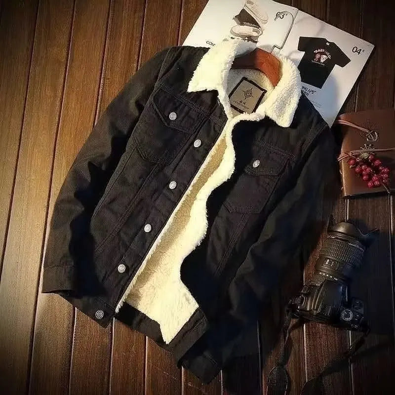 Men Winter Autumn Jacket Denim Inner Fleece Thicken Winter Jeans Jacket Coat Men's Turn-down Velvet Jacket Mens Fur Parkas