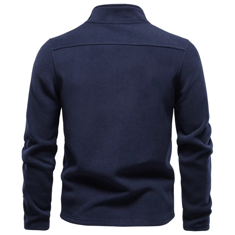 AIOPESON Men's Fleece Jacket Full Zip Stand Collar Solid Color Polar Fleece Outerwear Autumn Winter Outdoor Casual Light Coat