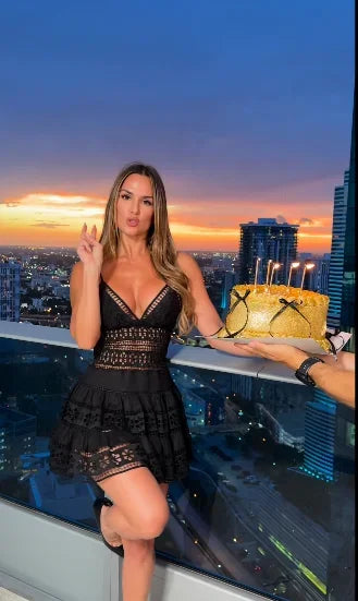 Black Hollowed Out Lace Cake Dress Slim Shoulder Straps Deep V-lace Corset Mini Skirt 2026 Summer Date Vacation Fashion Outfit