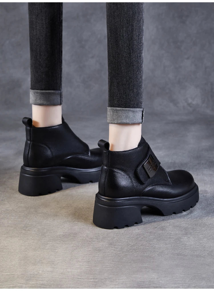 DRKANOL Wide Head Design Women Platform Boots Autumn Winter Warm Thick High Heel Hool And Loop Metal Genuine Leather Ankle Boots