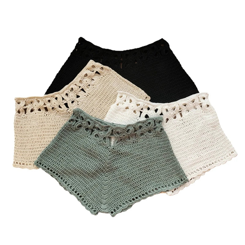Bohemian Crochet Swim Trunks Sexy Hollow Out Micro Shorts Handmade Crochet Knitted Women Beach Board Bikini Cover-ups Bottoms