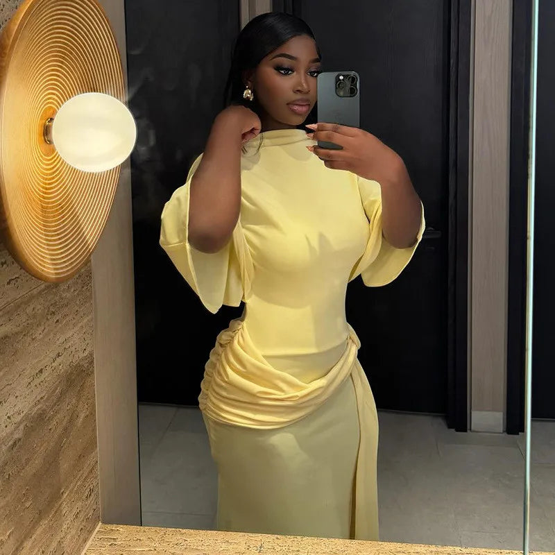 Joskaa Elegant O-Neck Half Sleeve Backless Ruched Slit Bodycon Maxi Dress for Woman 2025 Fall Birthday Evening Vacation Clubwear