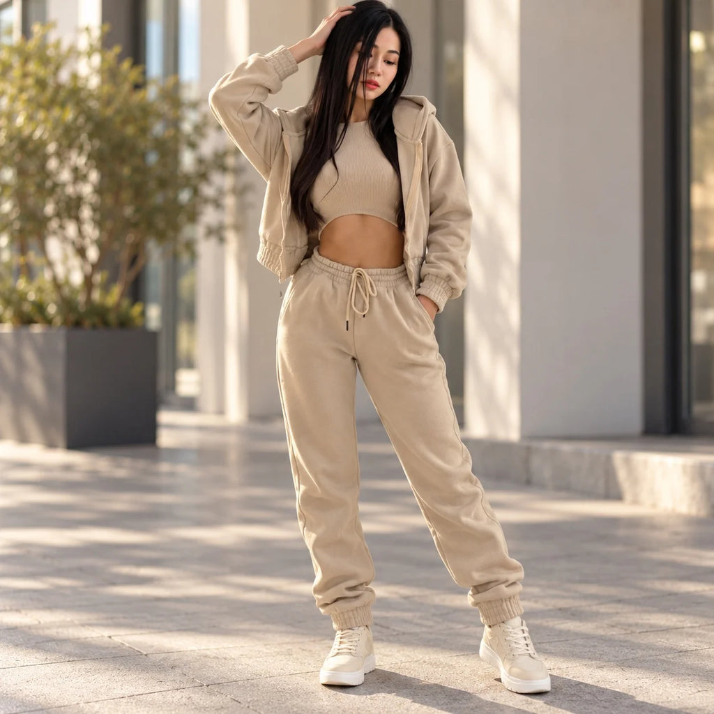 3 Set Long Pants Full Length Elegant Women Sets with Hooded Sweatshirt Top Regular Sleeve Winter Spring Autumn Streetwear