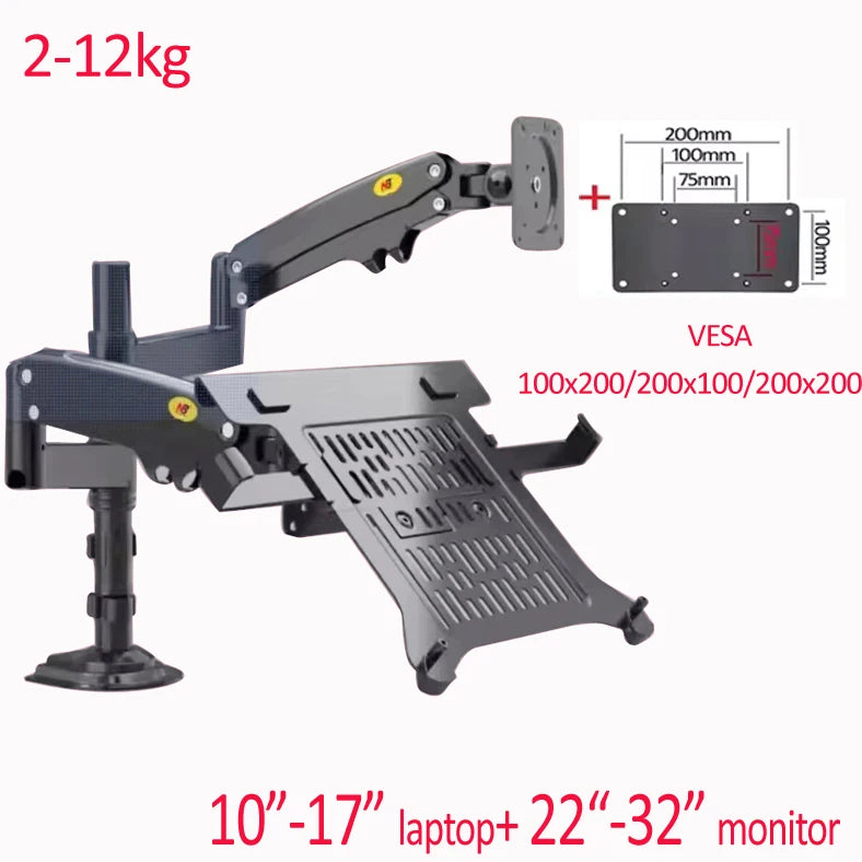 NB H180 FP-2 17"-27" LCD TV monitor desk Holder +10"-17" laptop notebook mount Gas Spring Full Motion 2-12kg dual arm clamp hole