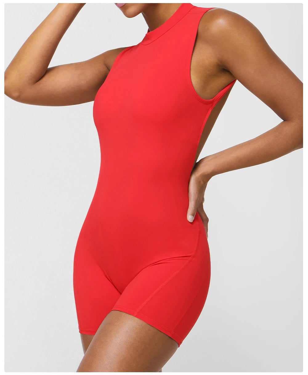 Women Fitness Backless Jumpsuit Sleeveless Gym Running Training Shorts Set Lift Buttocks Padded Jumpsuit