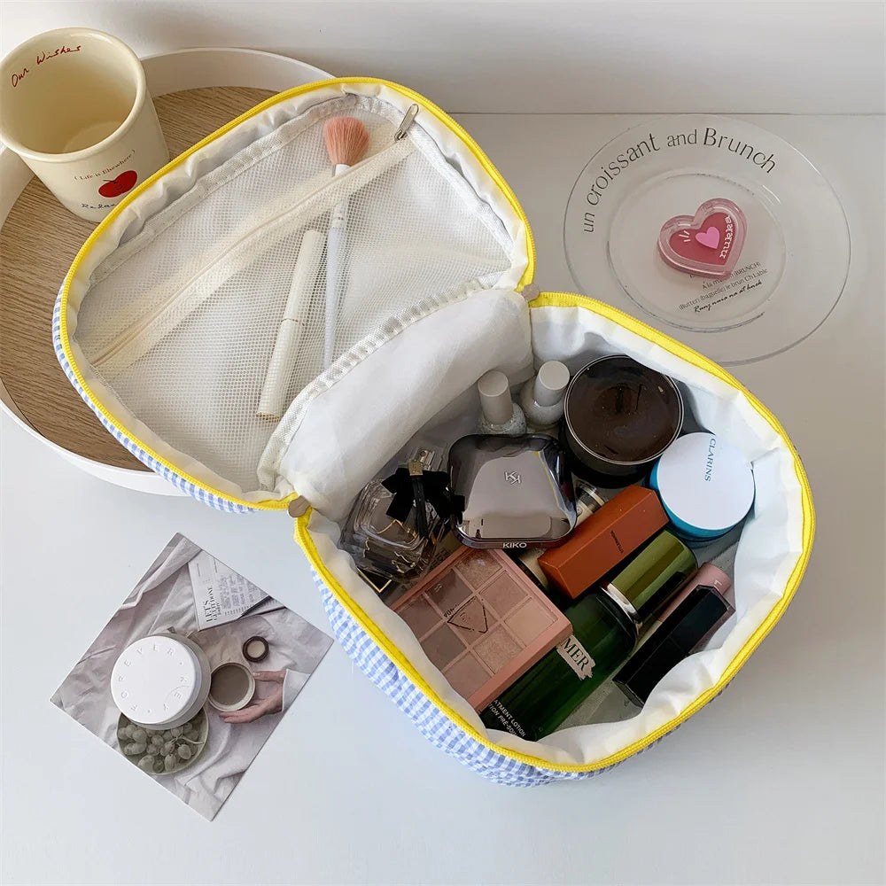 Plaid Cosmetic Bag Set Simple Style Large Capacity Portable Cosmetic Tools Storage Bag for Home Bathroom Toiletry Bag