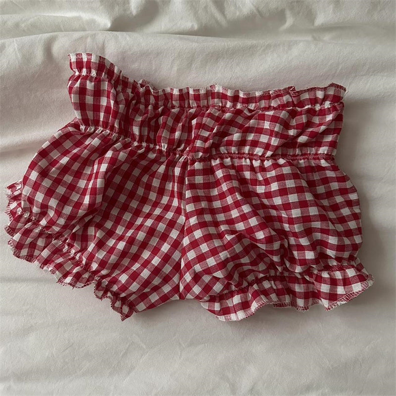 Kawaii Harajuku Ruffled Shorts Y2k Gingham Red Bloomer Girl Women Elastic Waist Ruffles Cake Shorts Bottoming Lolita Pettipants